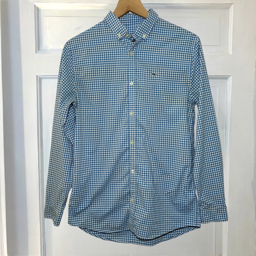 Vineyard Vines Performance Button Down Shirt Boys XL 18 Blue Gingham Check Whale - Picture 4 of 8